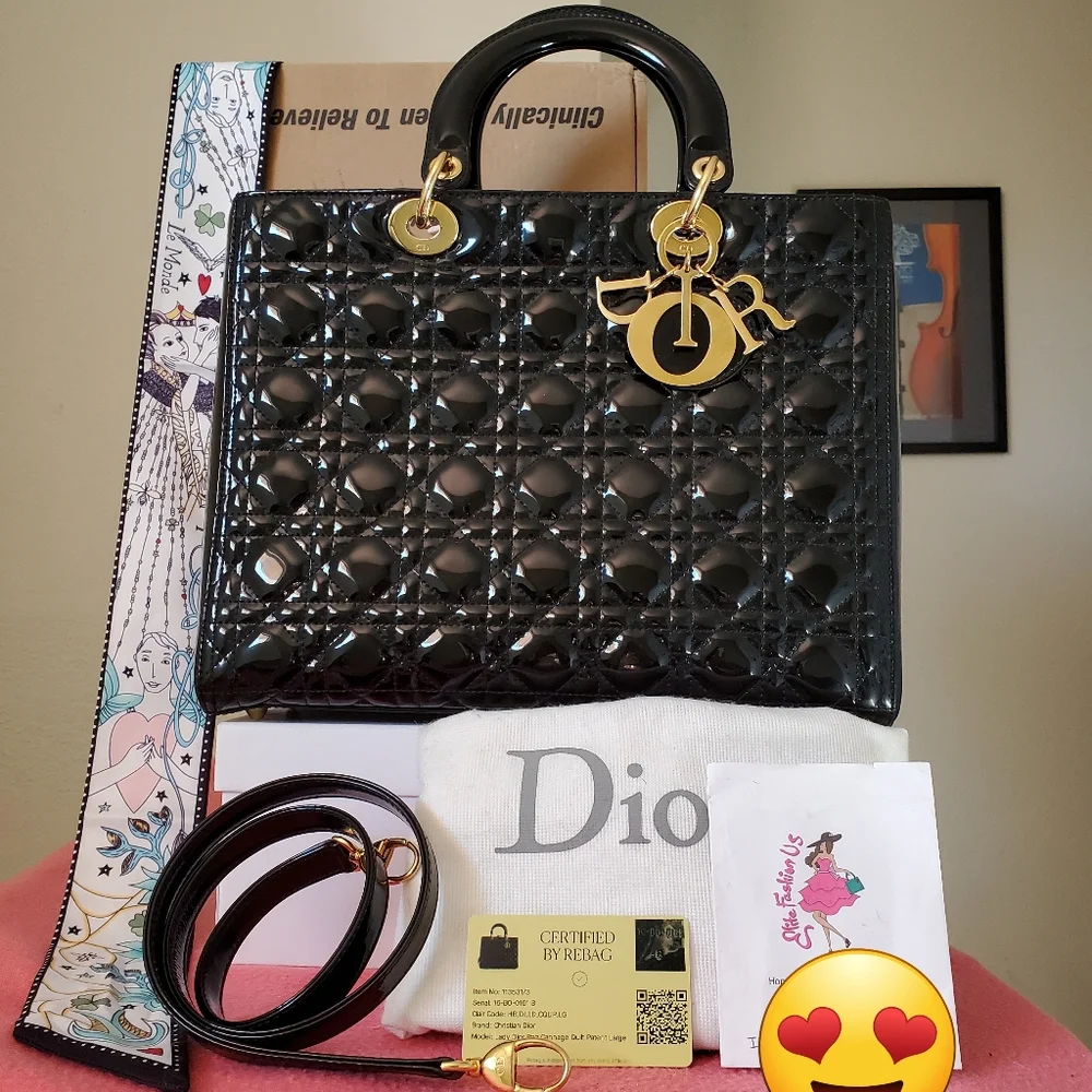 Lady Dior black patent gold hardware large bag - Picture 1 of 12